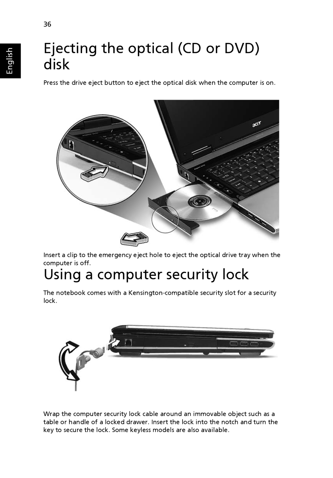 Acer 9520, 9510 manual Ejecting the optical CD or DVD disk, Using a computer security lock 