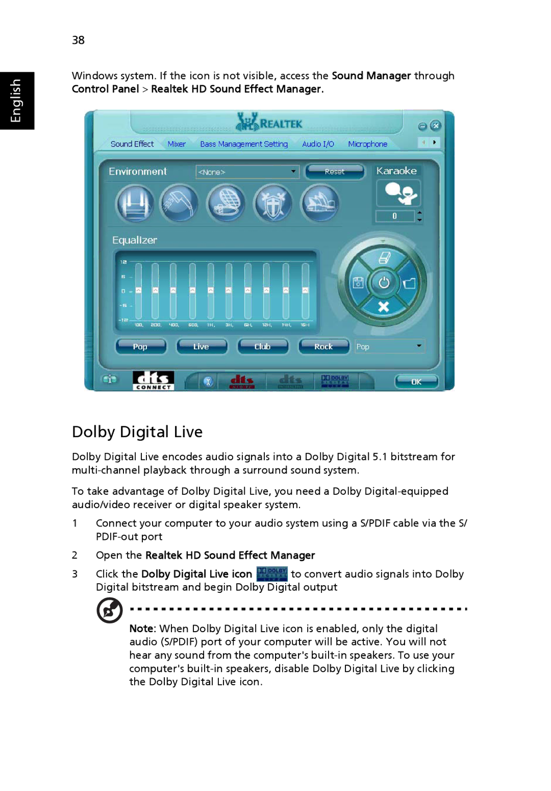 Acer 9520 Dolby Digital Live, Control Panel Realtek HD Sound Effect Manager, Open the Realtek HD Sound Effect Manager 