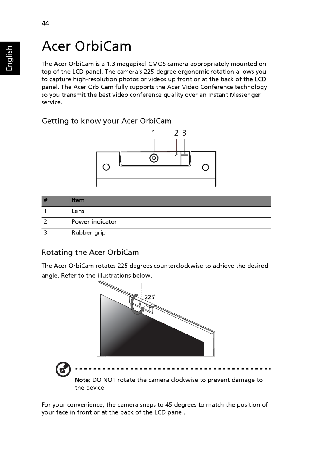 Acer 9520, 9510 manual Getting to know your Acer OrbiCam, Rotating the Acer OrbiCam, # Item 