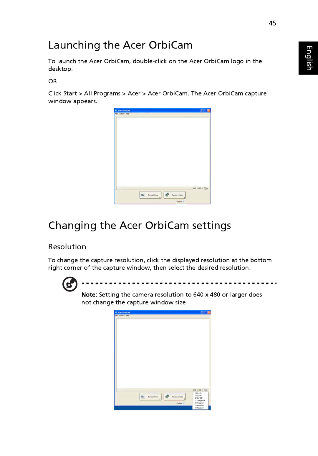 Acer 9510, 9520 manual Launching the Acer OrbiCam, Changing the Acer OrbiCam settings, Resolution 
