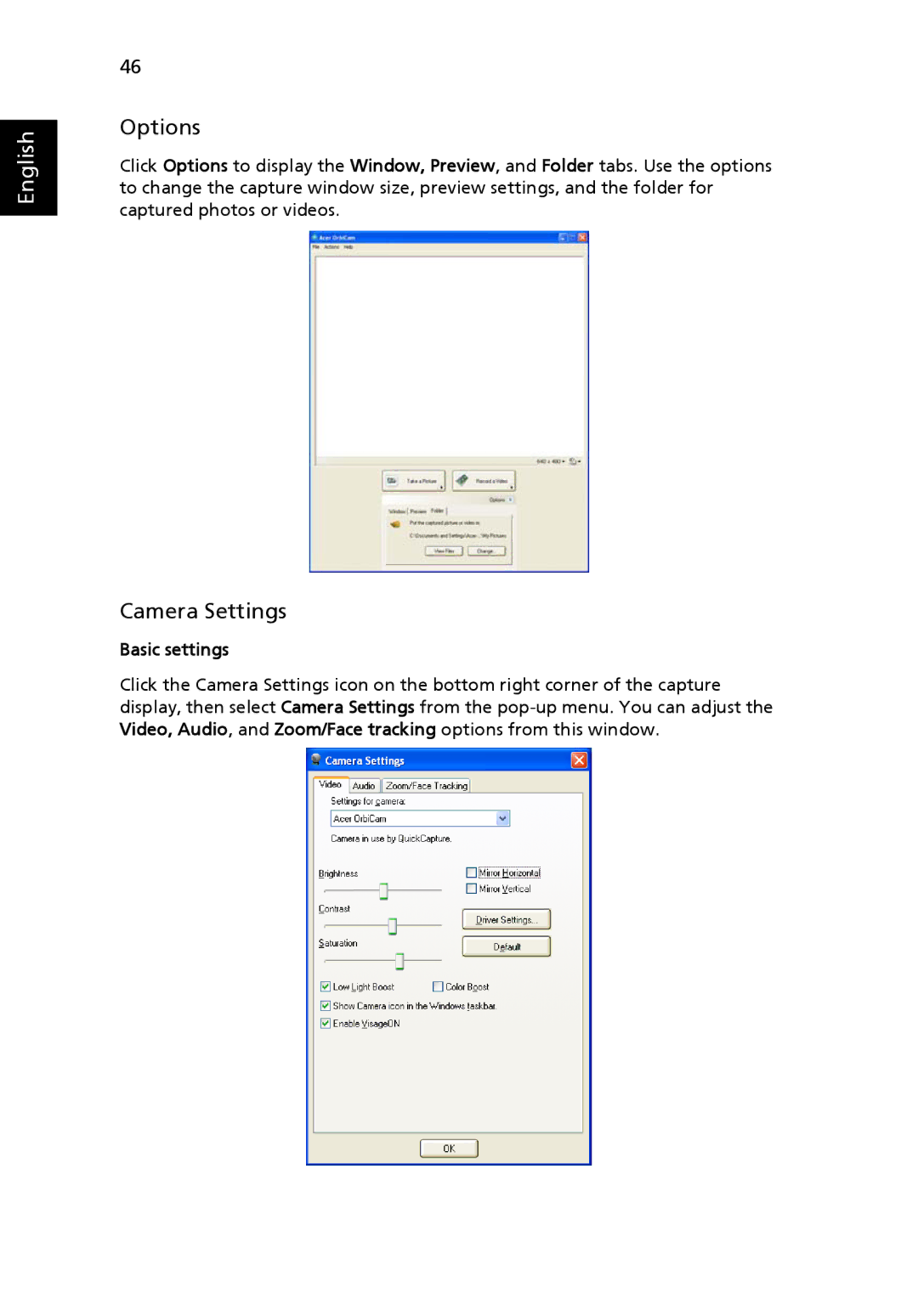 Acer 9520, 9510 manual Options, Camera Settings, Basic settings 