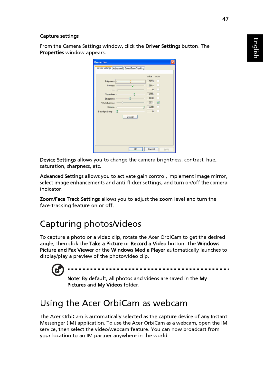 Acer 9510, 9520 Capturing photos/videos, Using the Acer OrbiCam as webcam, Capture settings, Pictures and My Videos folder 