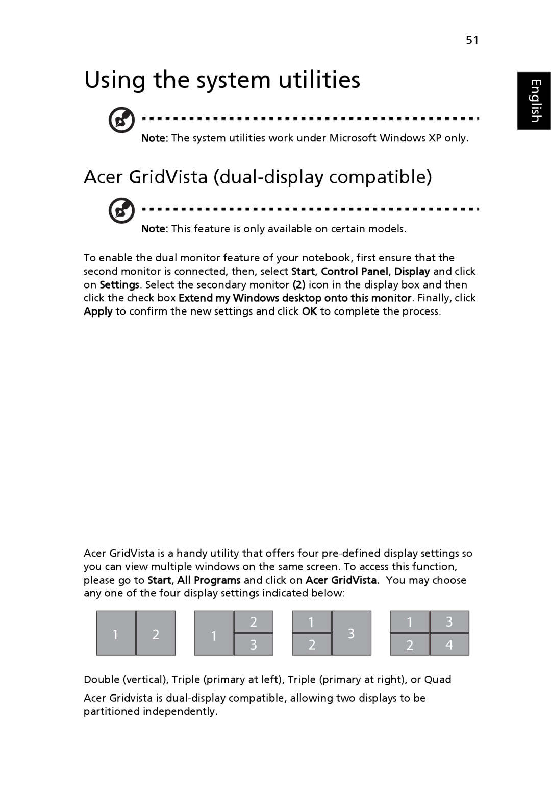 Acer 9510, 9520 manual Using the system utilities, Acer GridVista dual-display compatible 