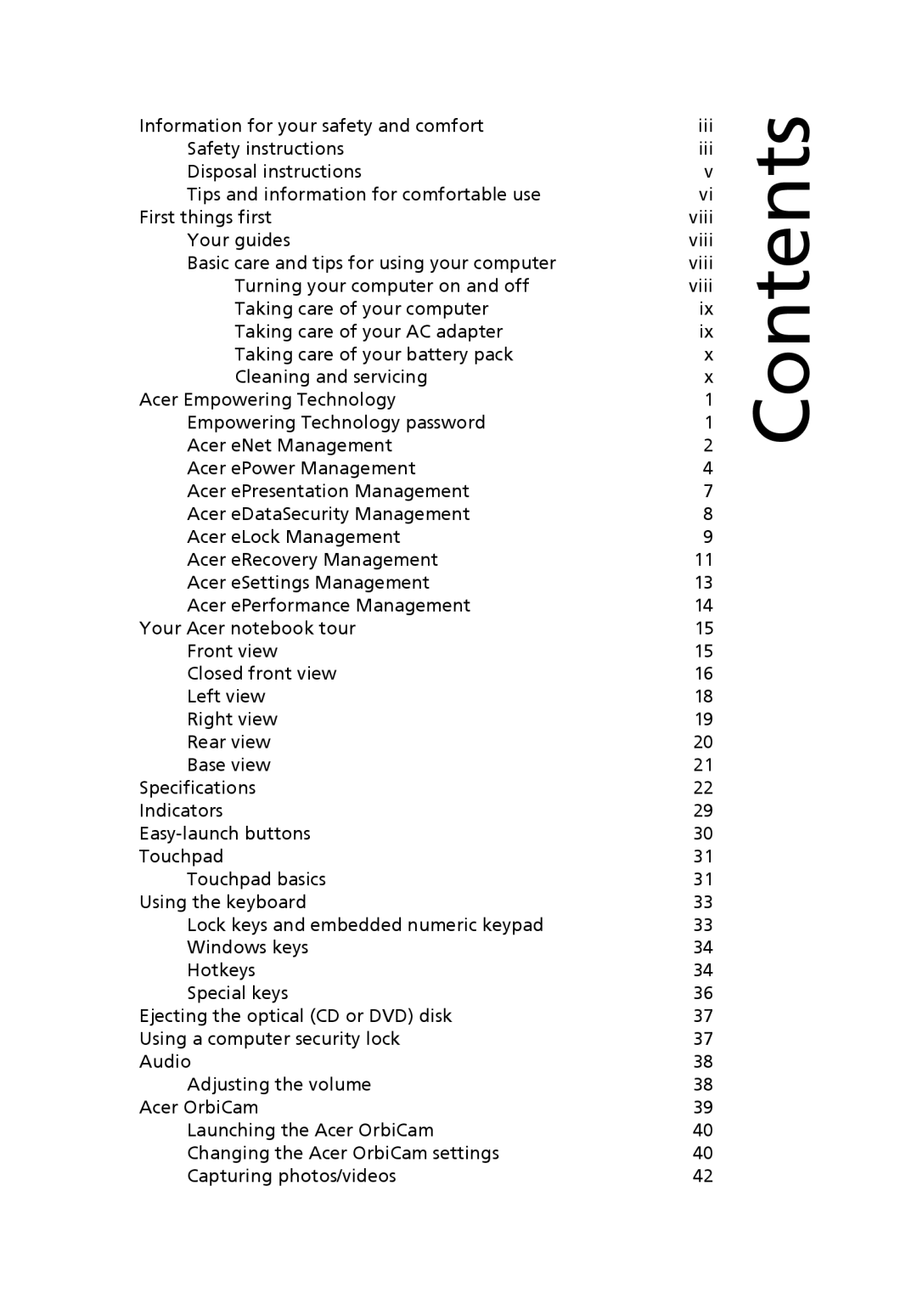 Acer 9800 manual Contents 