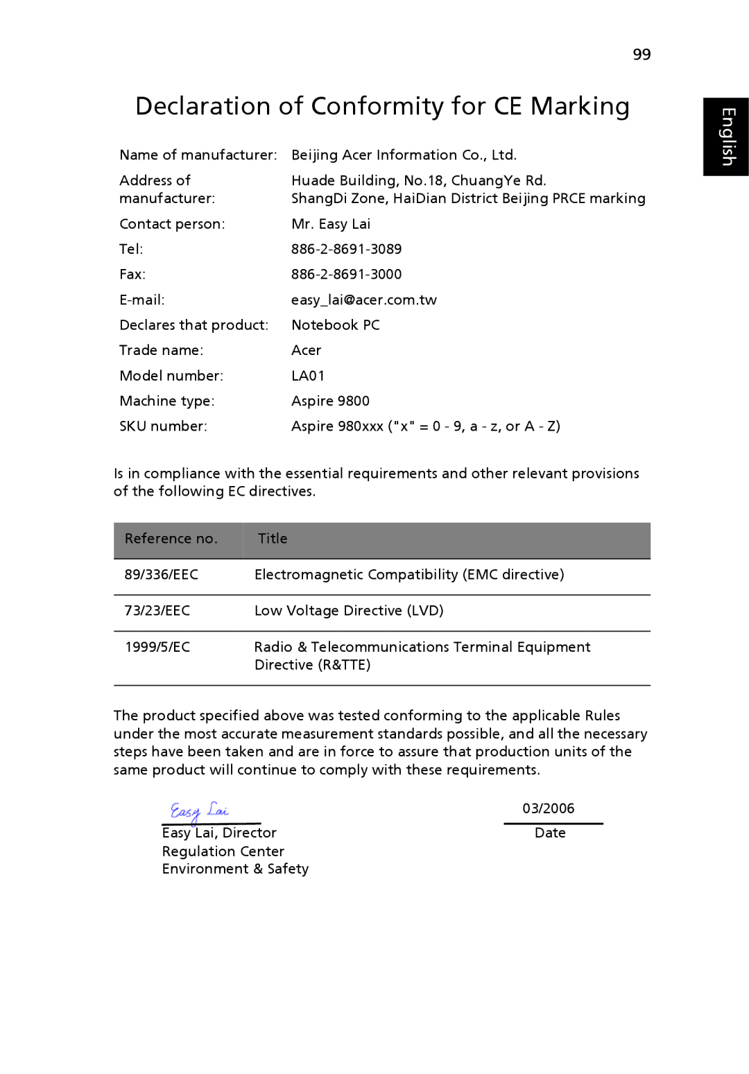 Acer 9800 manual Declaration of Conformity for CE Marking 