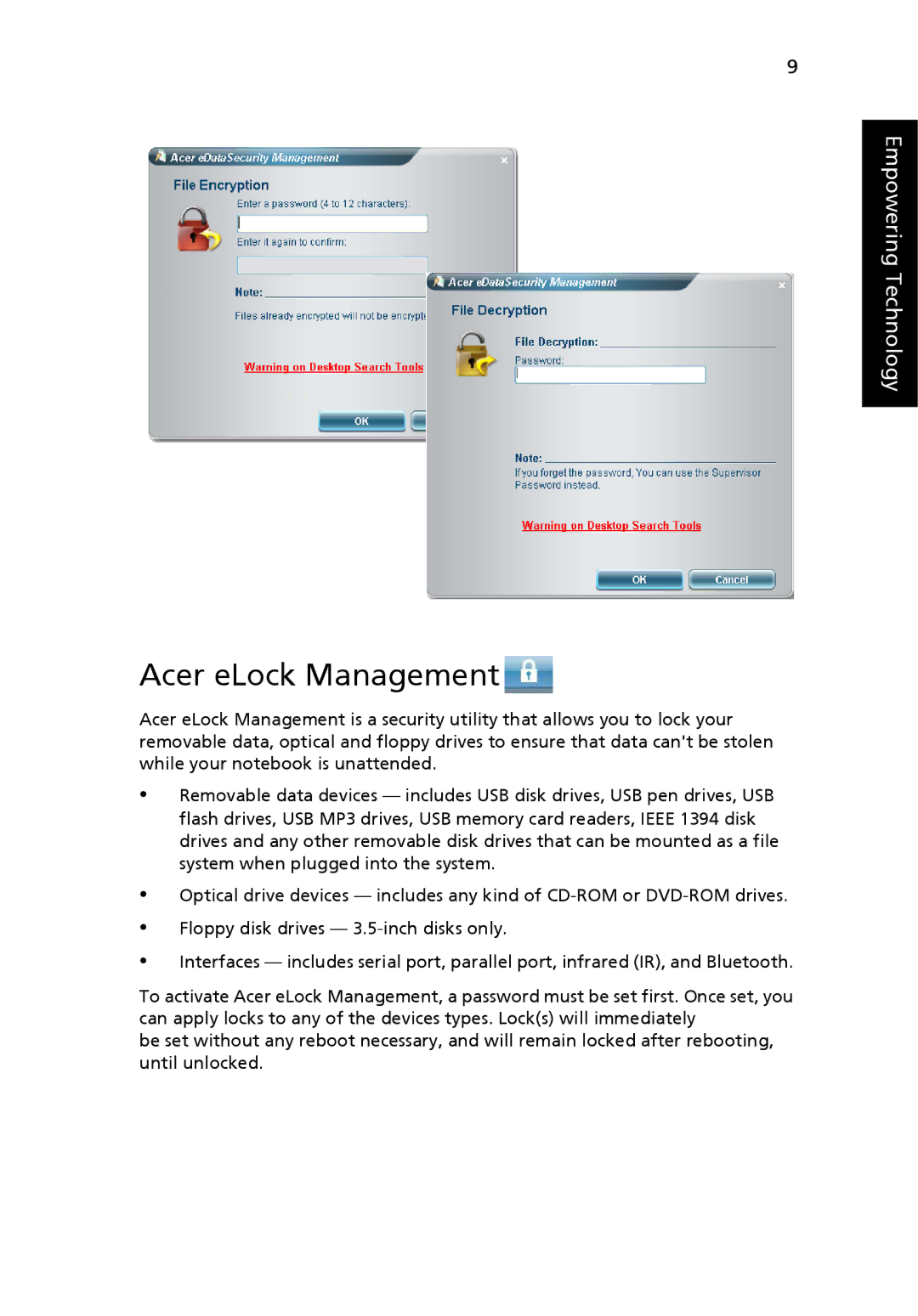 Acer 9800 manual Acer eLock Management 