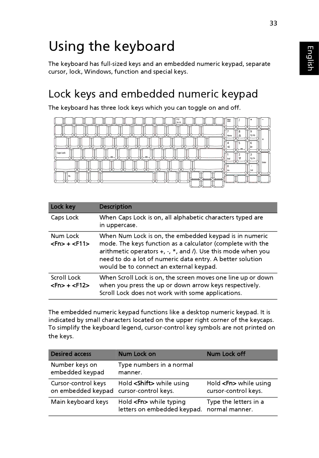 Acer 9800 manual Using the keyboard, Lock keys and embedded numeric keypad 