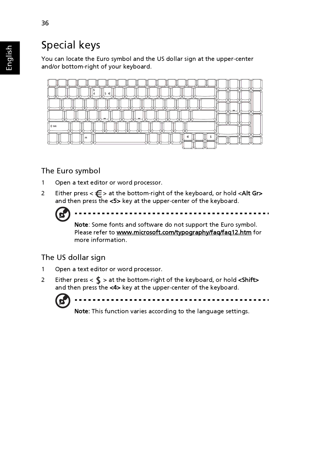 Acer 9800 manual Special keys, Euro symbol, US dollar sign 