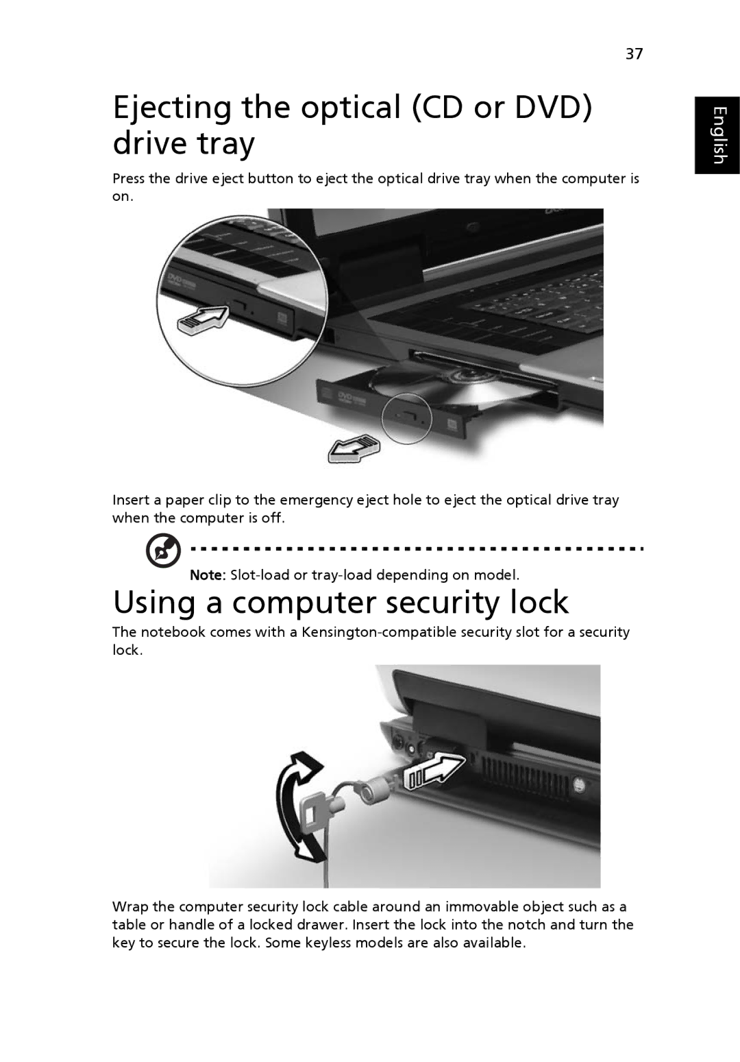 Acer 9800 manual Ejecting the optical CD or DVD drive tray, Using a computer security lock 