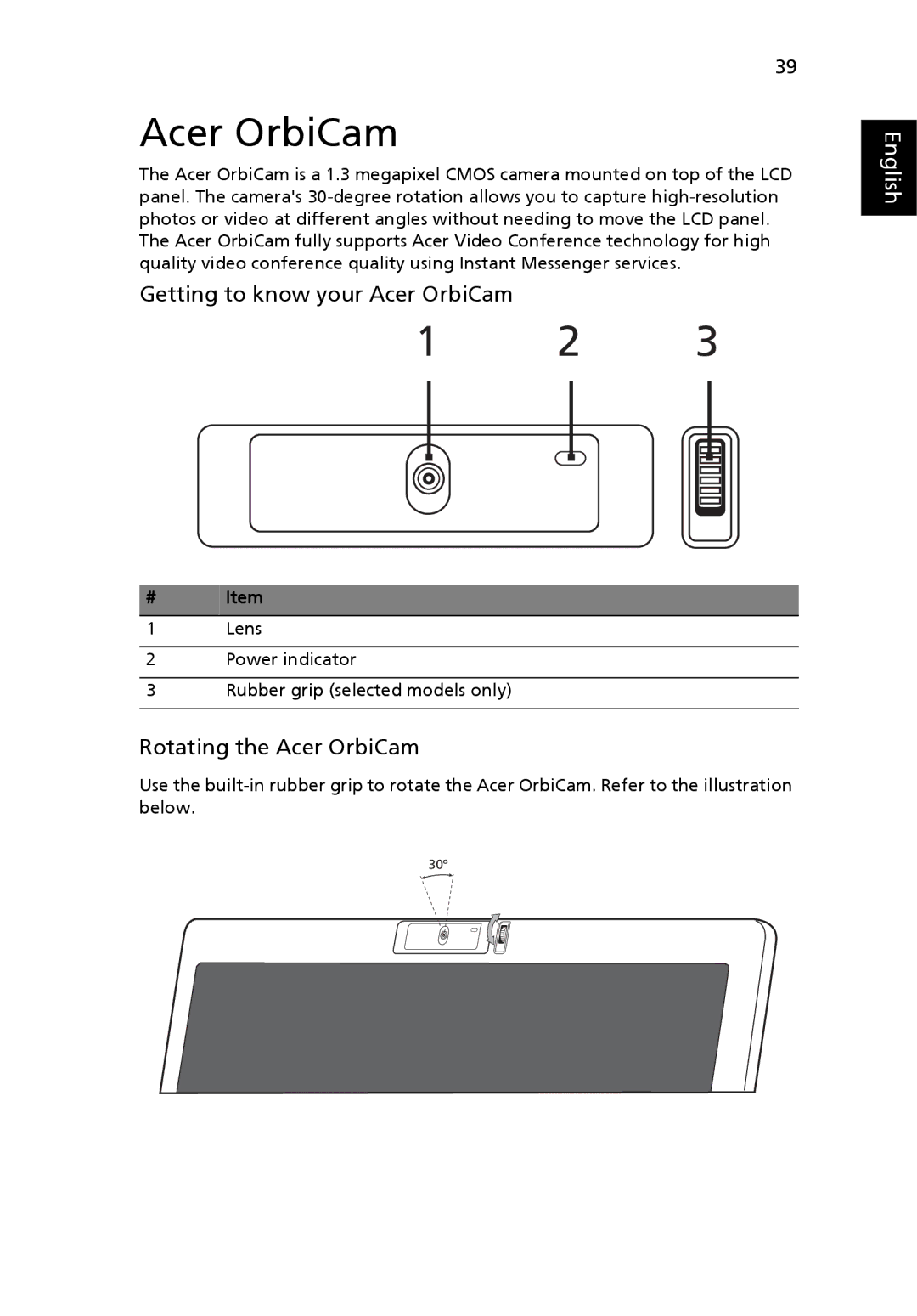 Acer 9800 manual Getting to know your Acer OrbiCam, Rotating the Acer OrbiCam, # Item 