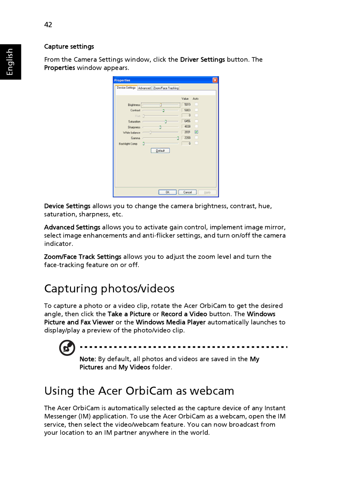 Acer 9800 manual Capturing photos/videos, Using the Acer OrbiCam as webcam, Capture settings, Pictures and My Videos folder 