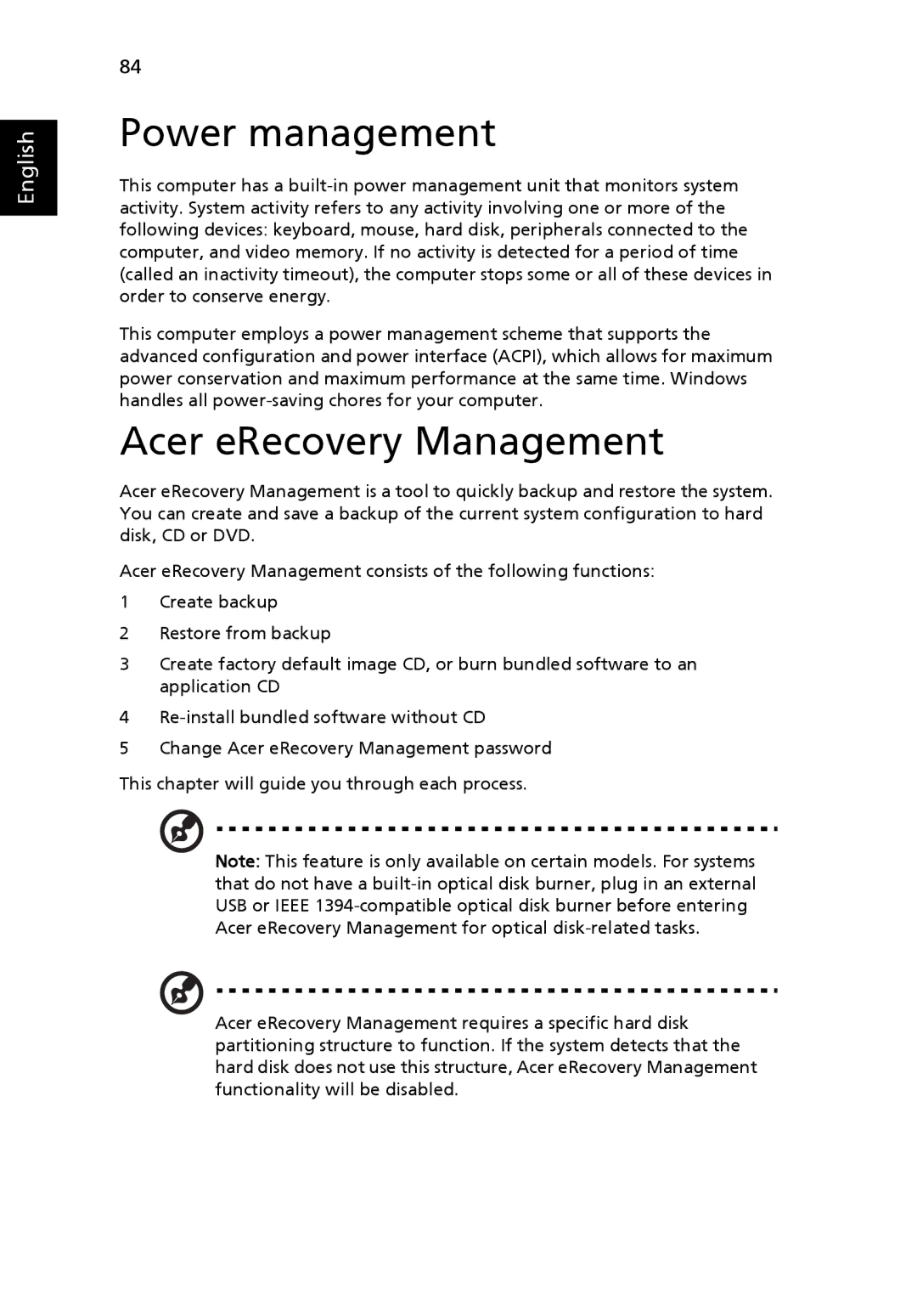 Acer 9800 manual Power management, Acer eRecovery Management 