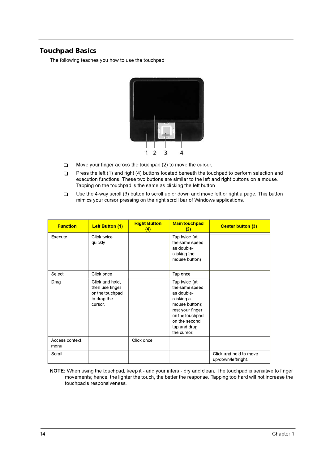 Acer 9800 manual Touchpad Basics 