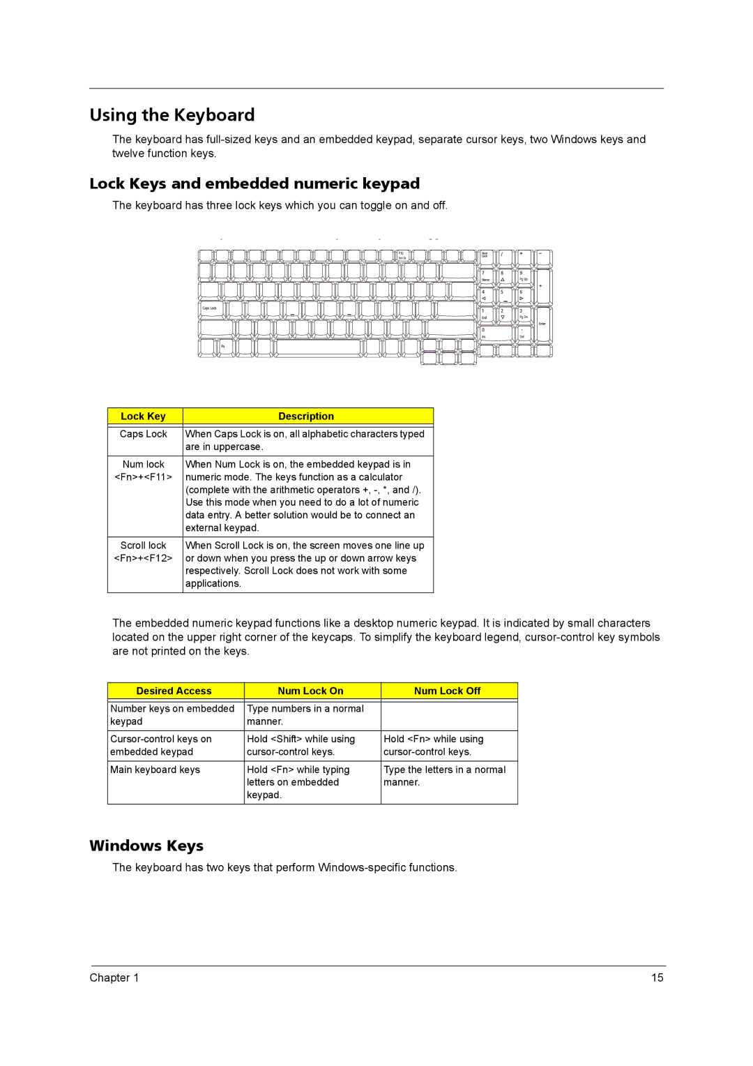 Acer 9800 manual Using the Keyboard, Lock Keys and embedded numeric keypad, Windows Keys, Lock Key Description 