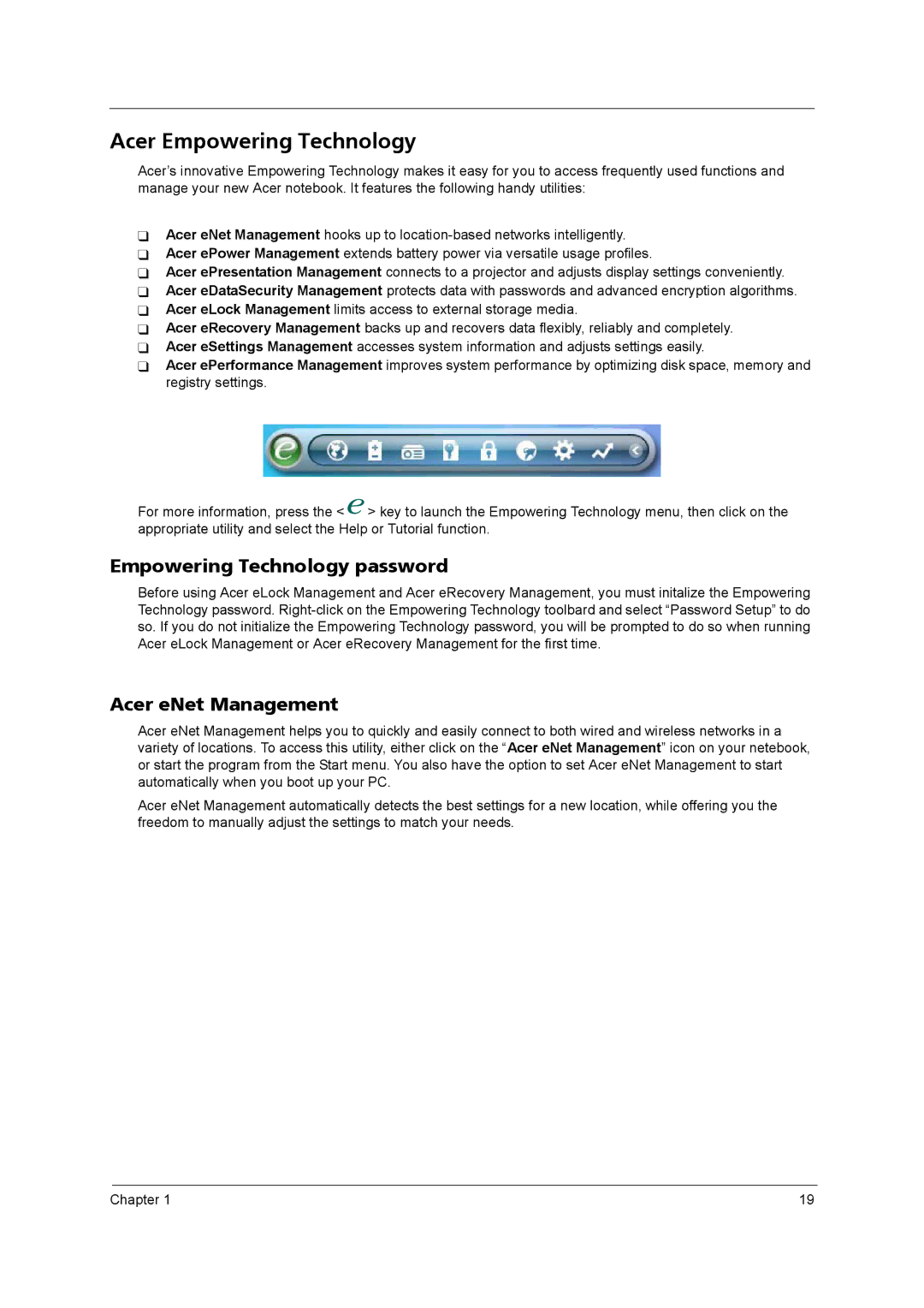 Acer 9800 manual Acer Empowering Technology, Empowering Technology password, Acer eNet Management 