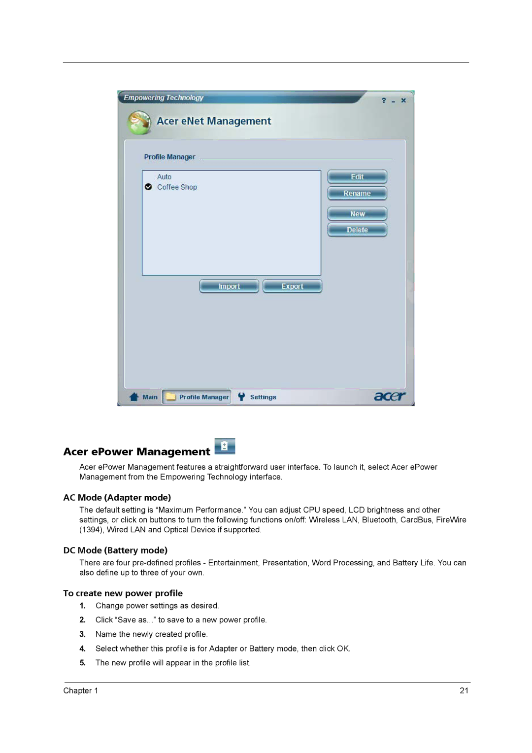 Acer 9800 manual Acer ePower Management, AC Mode Adapter mode 