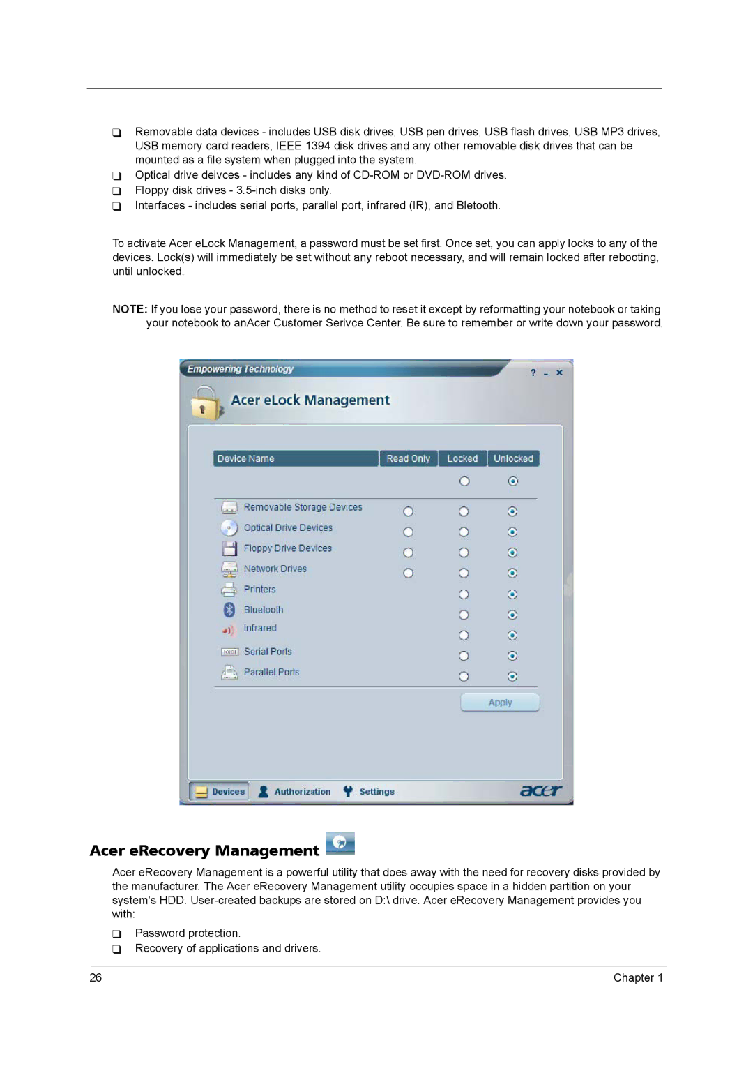 Acer 9800 manual Acer eRecovery Management 