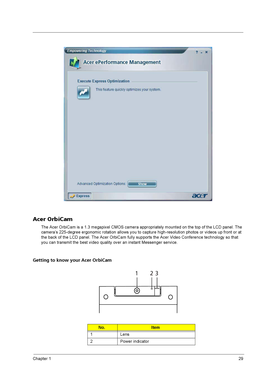 Acer 9800 manual Acer OrbiCam 