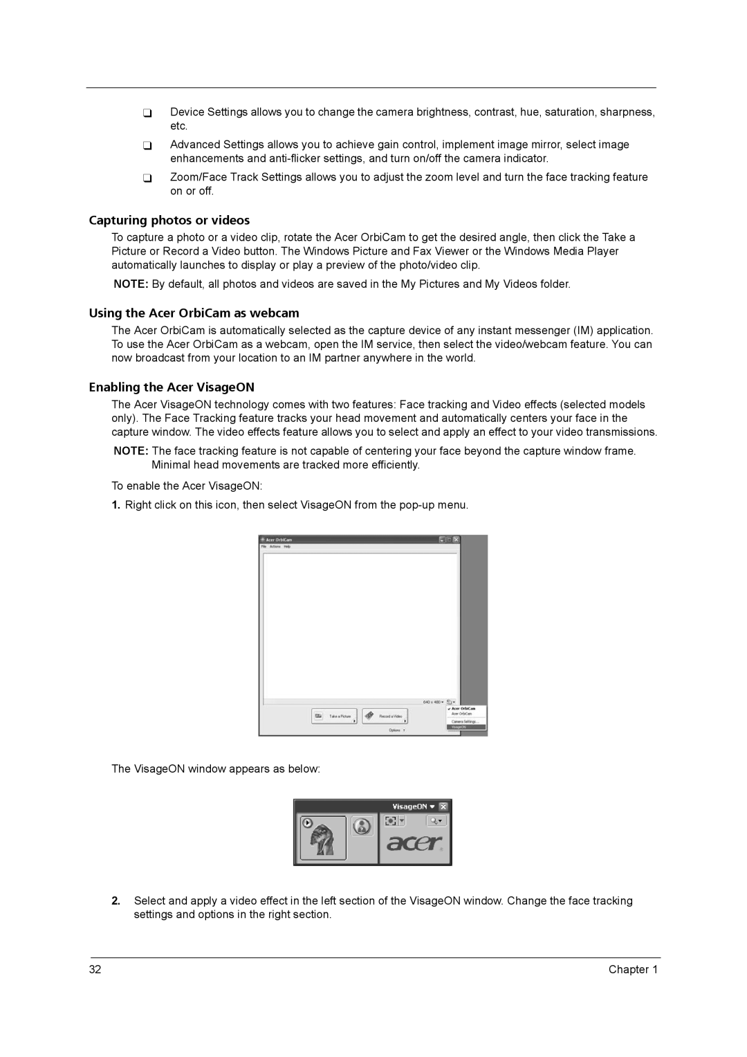 Acer 9800 manual Capturing photos or videos 