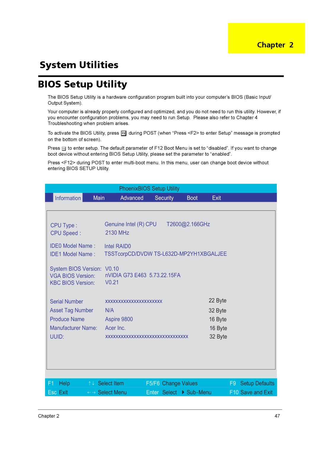 Acer 9800 manual System Utilities Bios Setup Utility, Advanced Security Boot Exit 