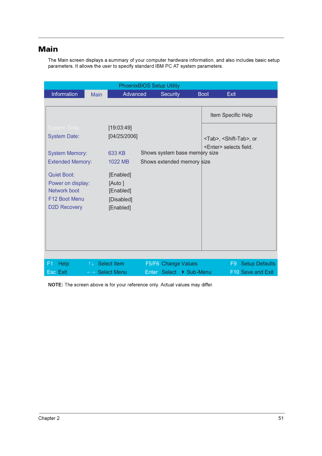 Acer 9800 manual Main, Boot Exit 