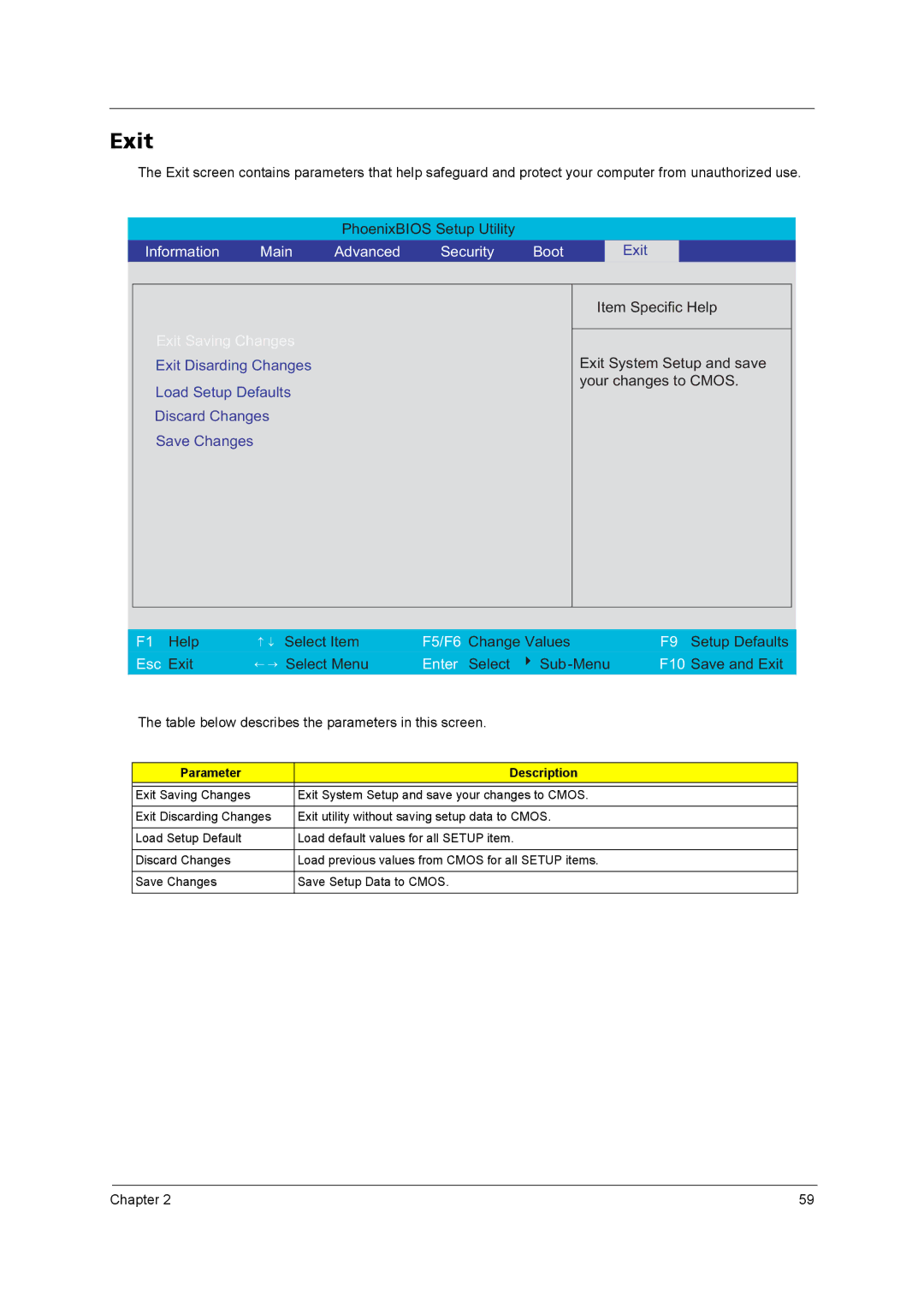 Acer 9800 manual Exit, Information Main Advanced Security Boot 