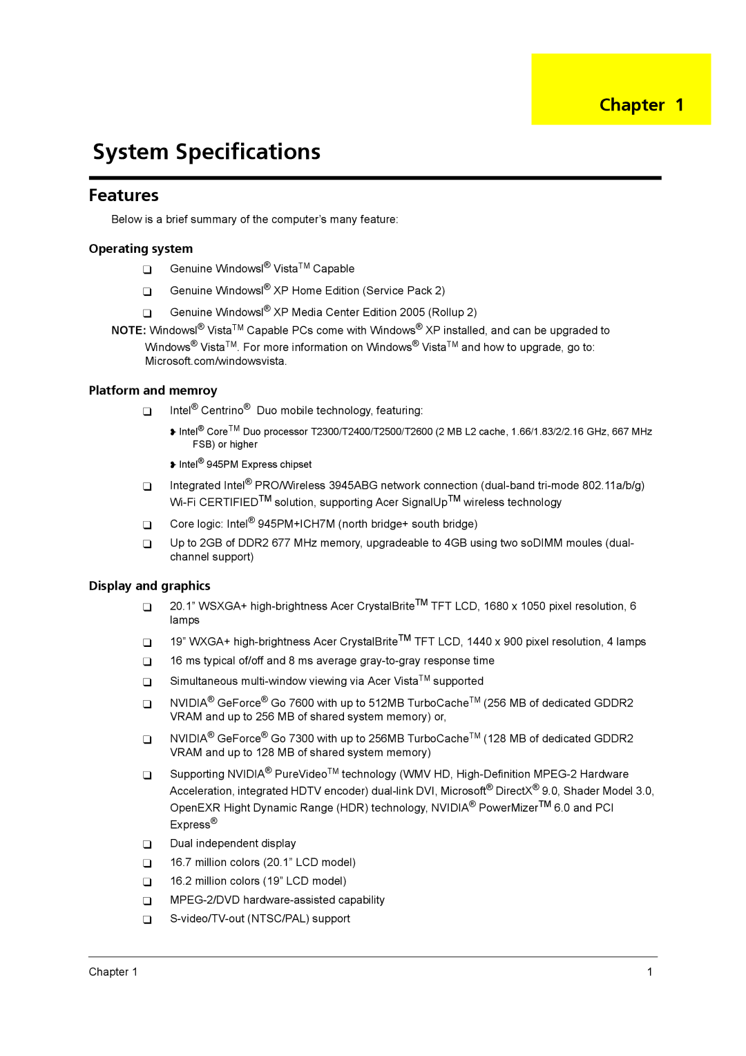 Acer 9800 manual System Specifications, Chapter, Features 