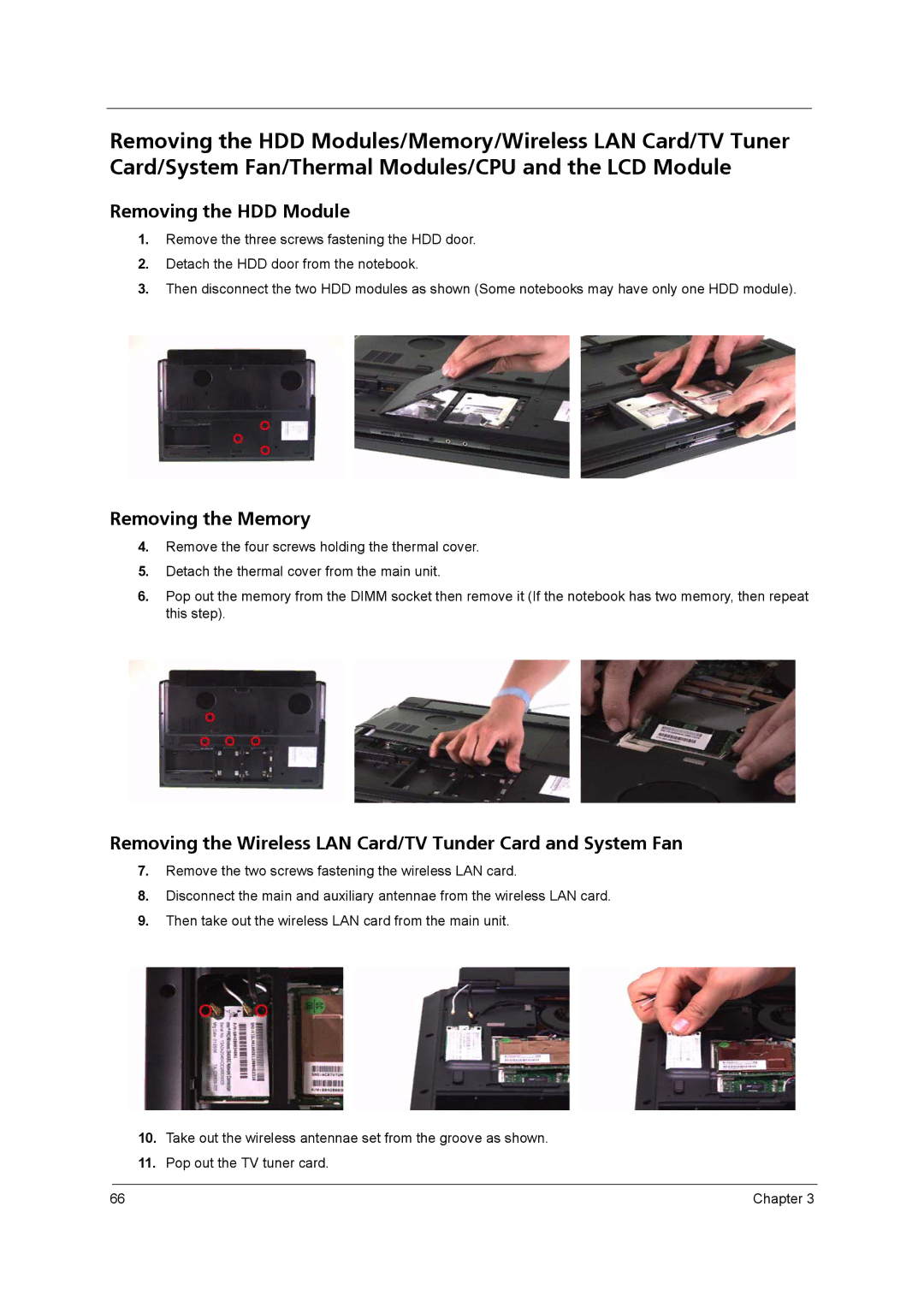 Acer 9800 manual Removing the HDD Module, Removing the Memory 