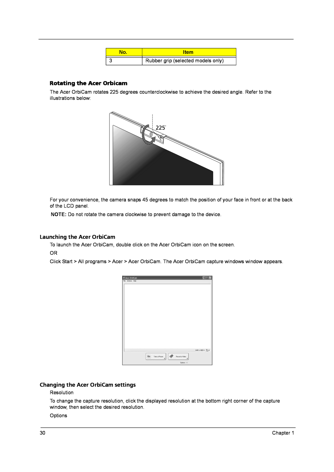 Acer 9800 manual Rotating the Acer Orbicam, Launching the Acer OrbiCam, Changing the Acer OrbiCam settings 