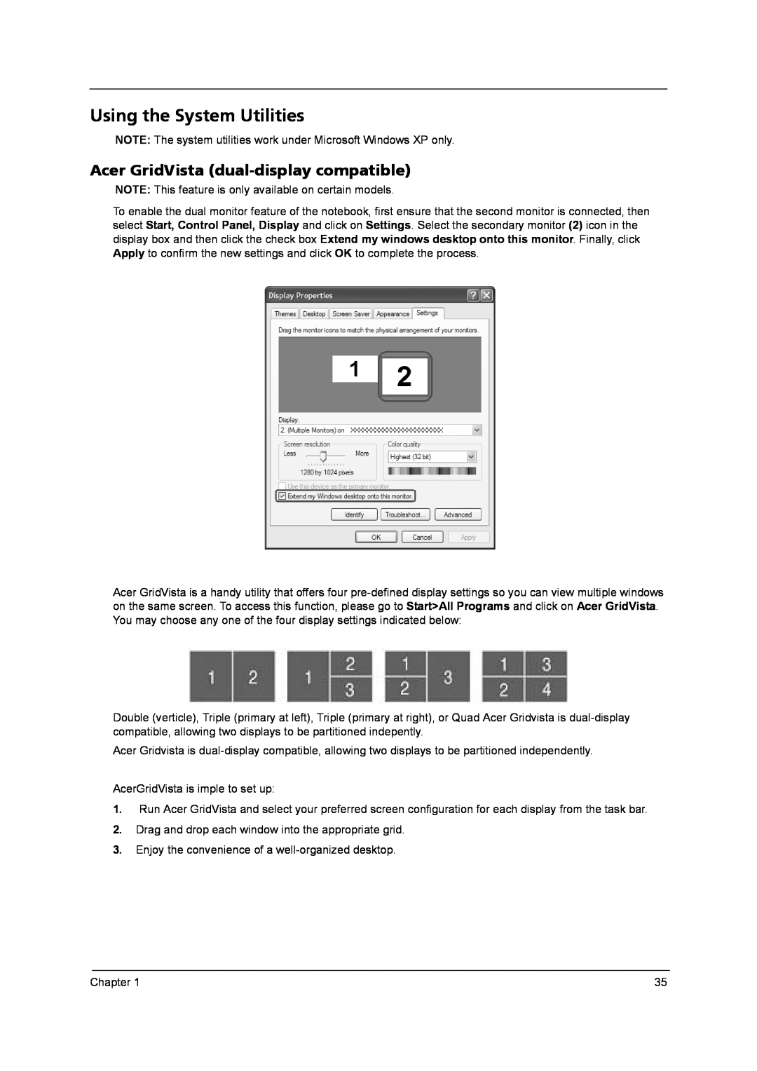 Acer 9800 manual Using the System Utilities, Acer GridVista dual-display compatible 