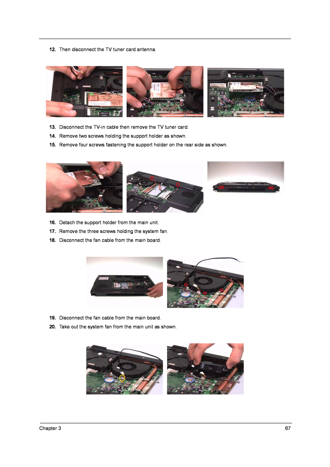 Acer 9800 Then disconnect the TV tuner card antenna, Disconnect the TV-in cable then remove the TV tuner card, Chapter 
