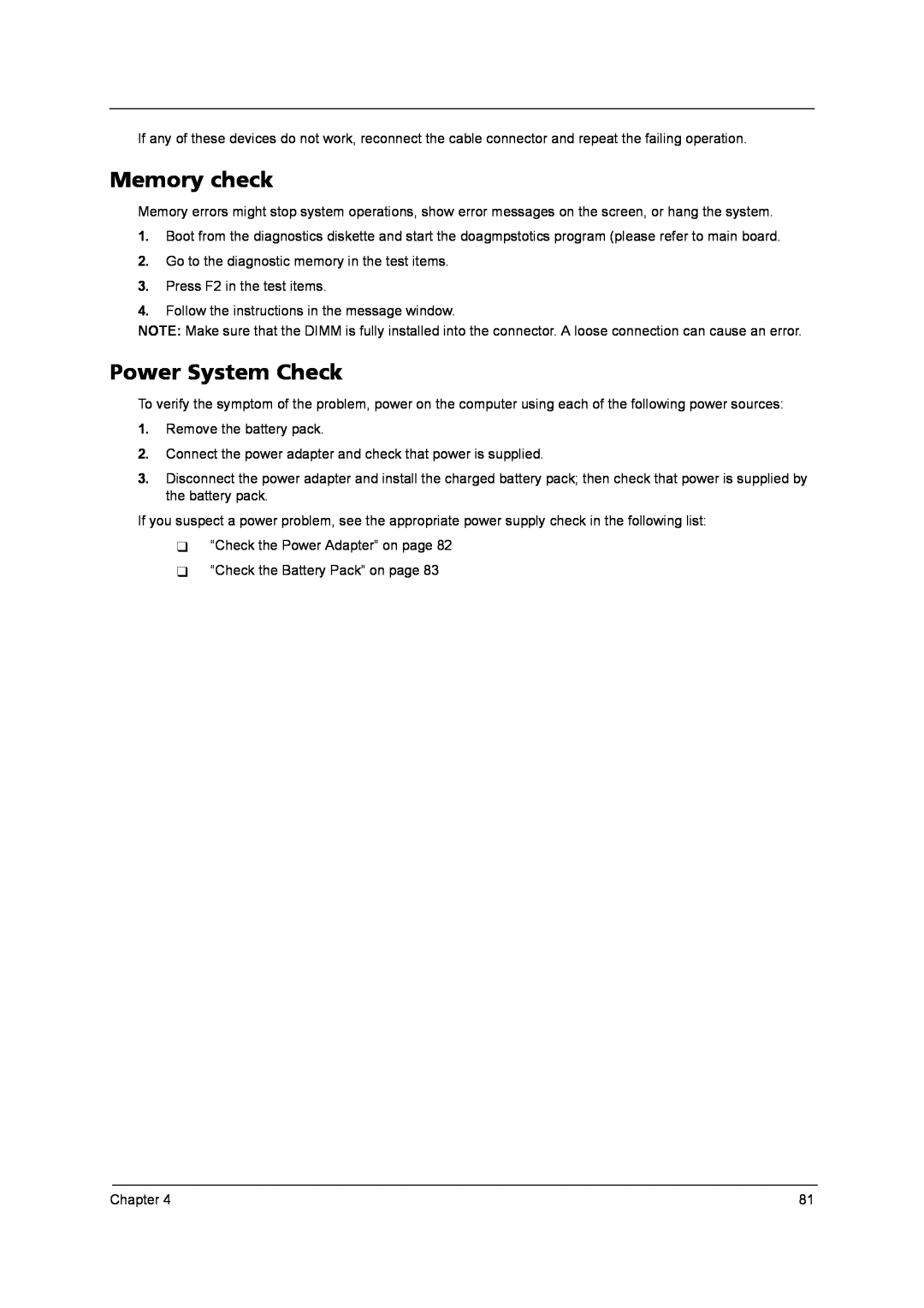Acer 9800 manual Memory check, Power System Check 