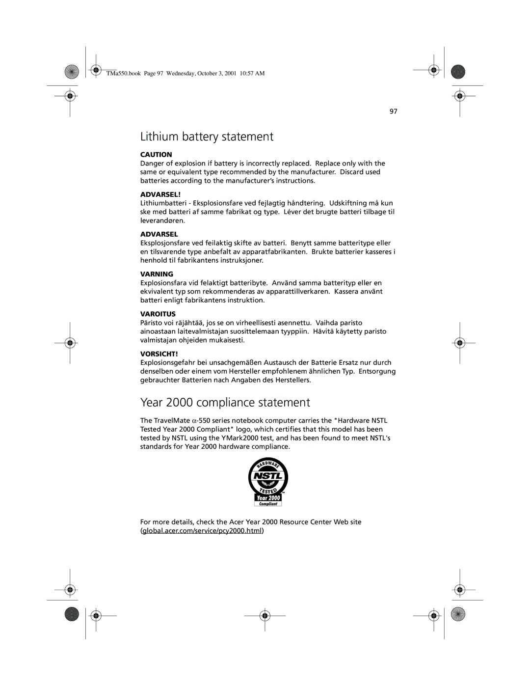 Acer a-550 Series manual Lithium battery statement, Year 2000 compliance statement 