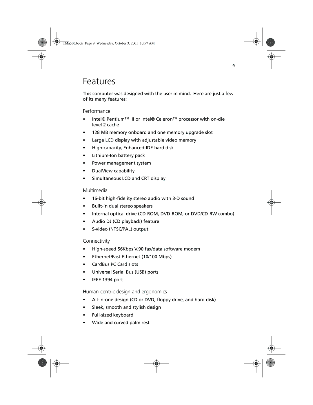 Acer a-550 Series manual Features, Performance, Multimedia, Connectivity, Human-centric design and ergonomics 