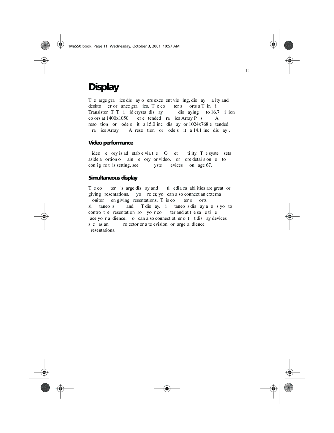 Acer a-550 Series manual Display, Video performance, Simultaneous display 