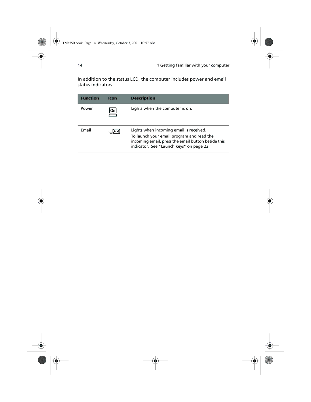 Acer a-550 Series manual TMa550.book Page 14 Wednesday, October 3, 2001 1057 AM 