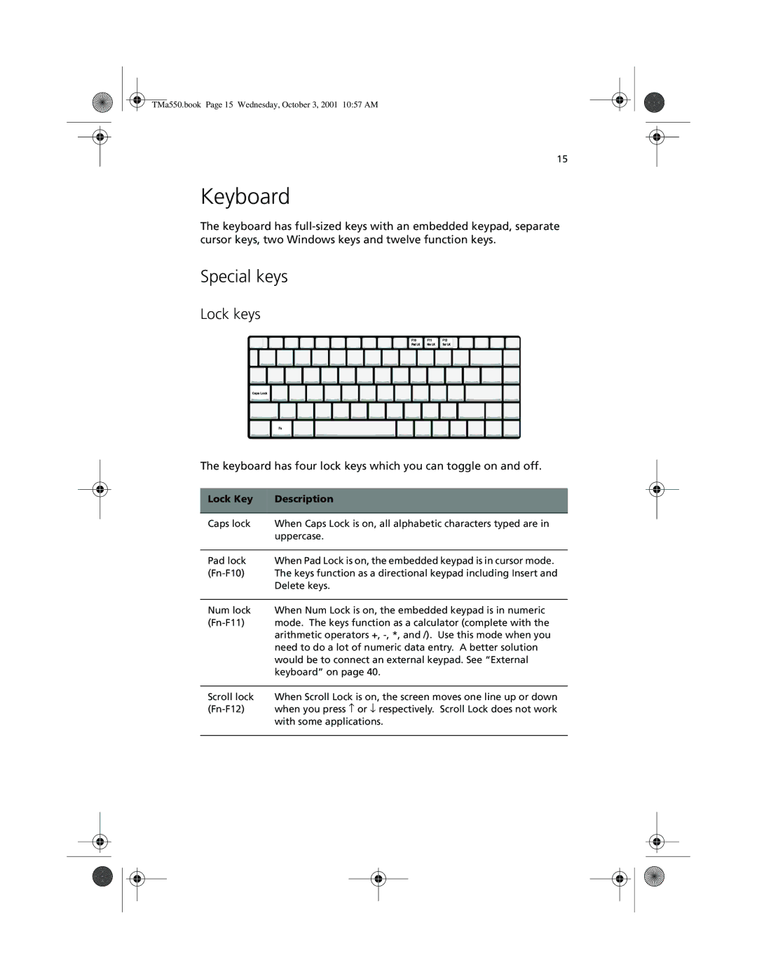 Acer a-550 Series manual Keyboard, Special keys, Lock keys, Lock Key Description 