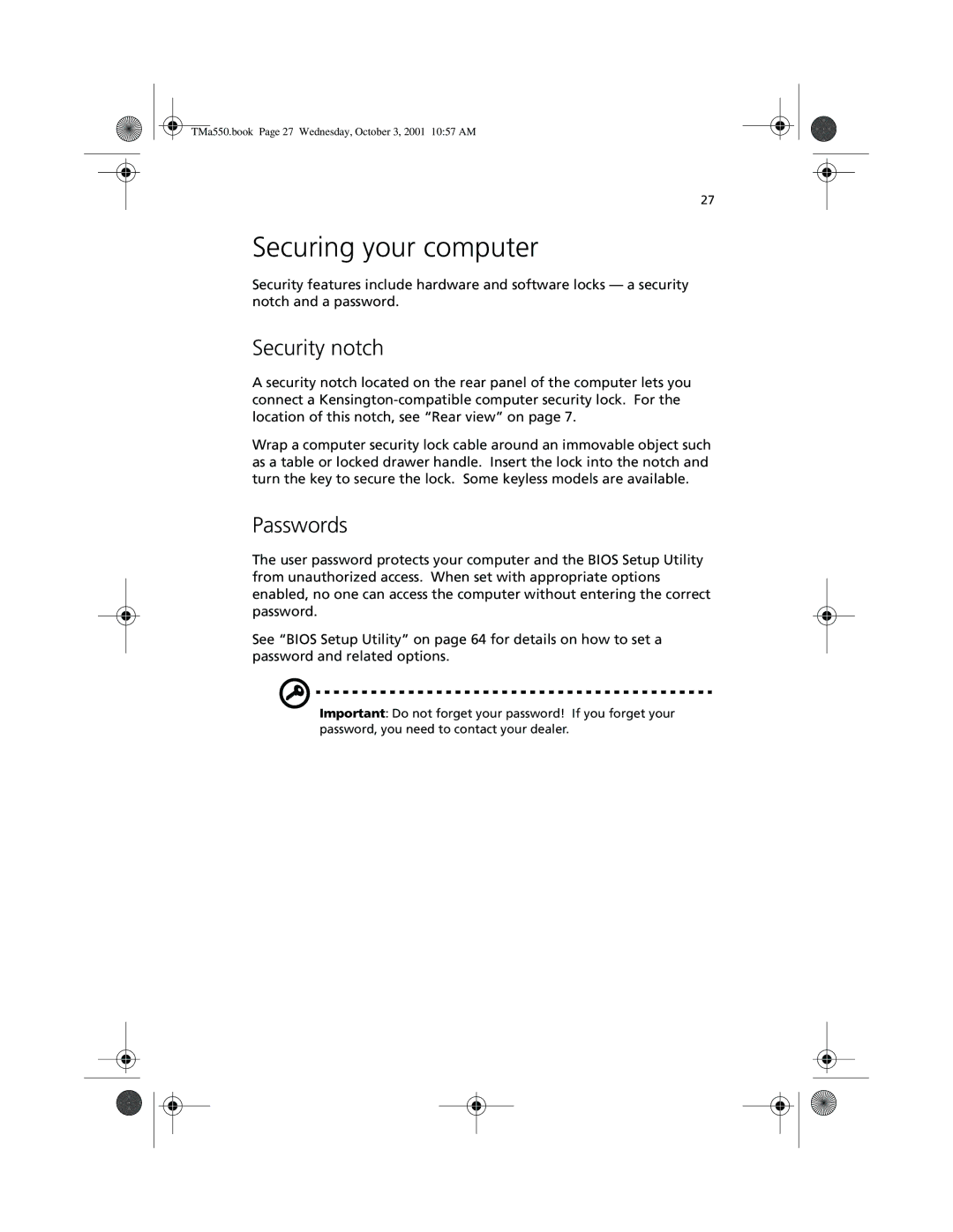 Acer a-550 Series manual Securing your computer, Security notch, Passwords 