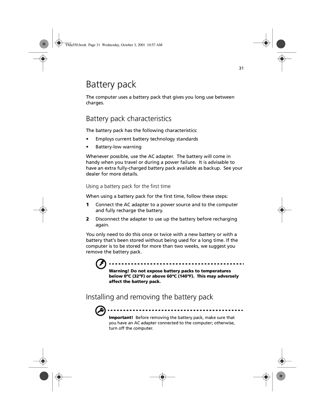 Acer a-550 Series manual Battery pack characteristics, Installing and removing the battery pack 