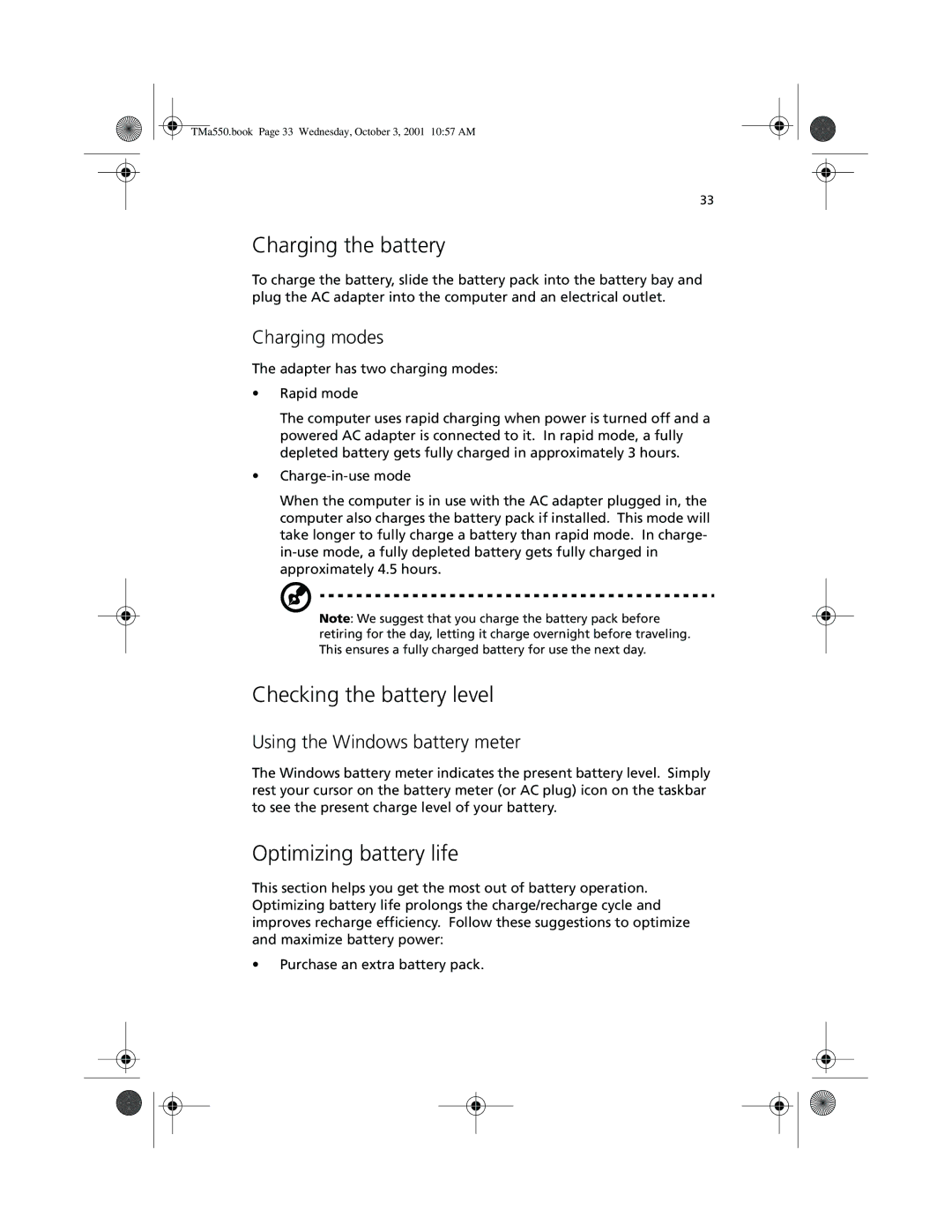 Acer a-550 Series manual Charging the battery, Checking the battery level, Optimizing battery life, Charging modes 