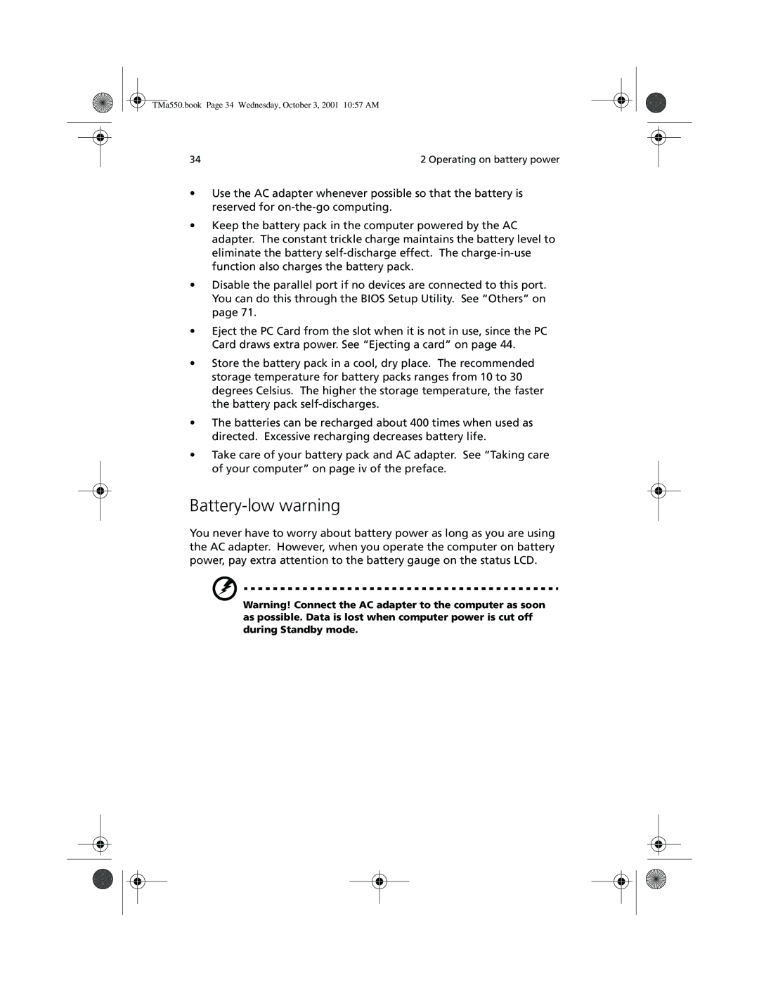 Acer a-550 Series manual Battery-low warning 