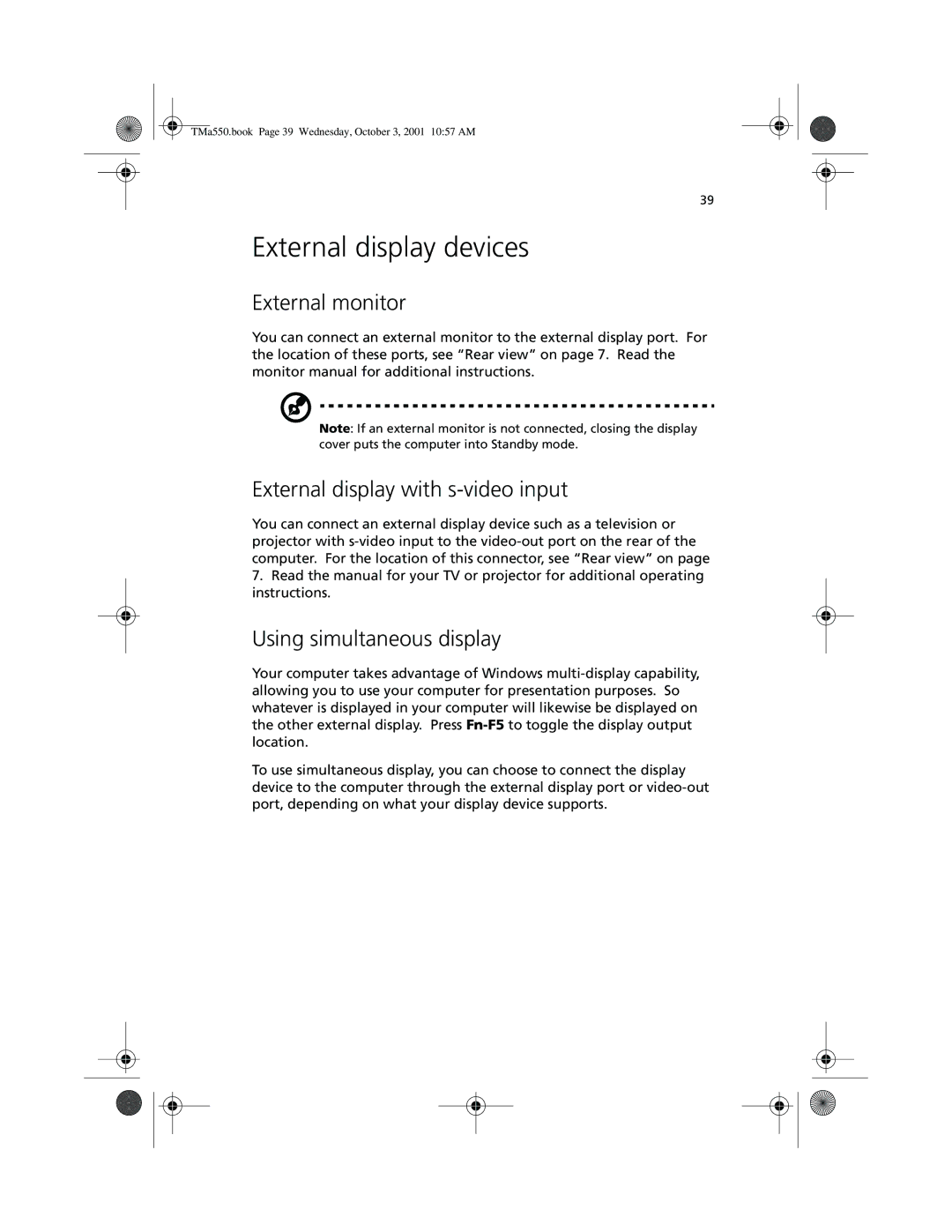 Acer a-550 Series manual External display devices, External monitor, External display with s-video input 