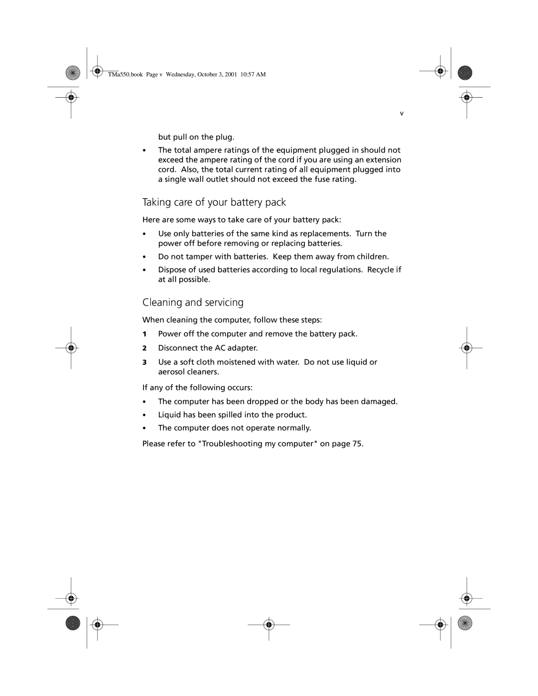 Acer a-550 Series manual Taking care of your battery pack, Cleaning and servicing 