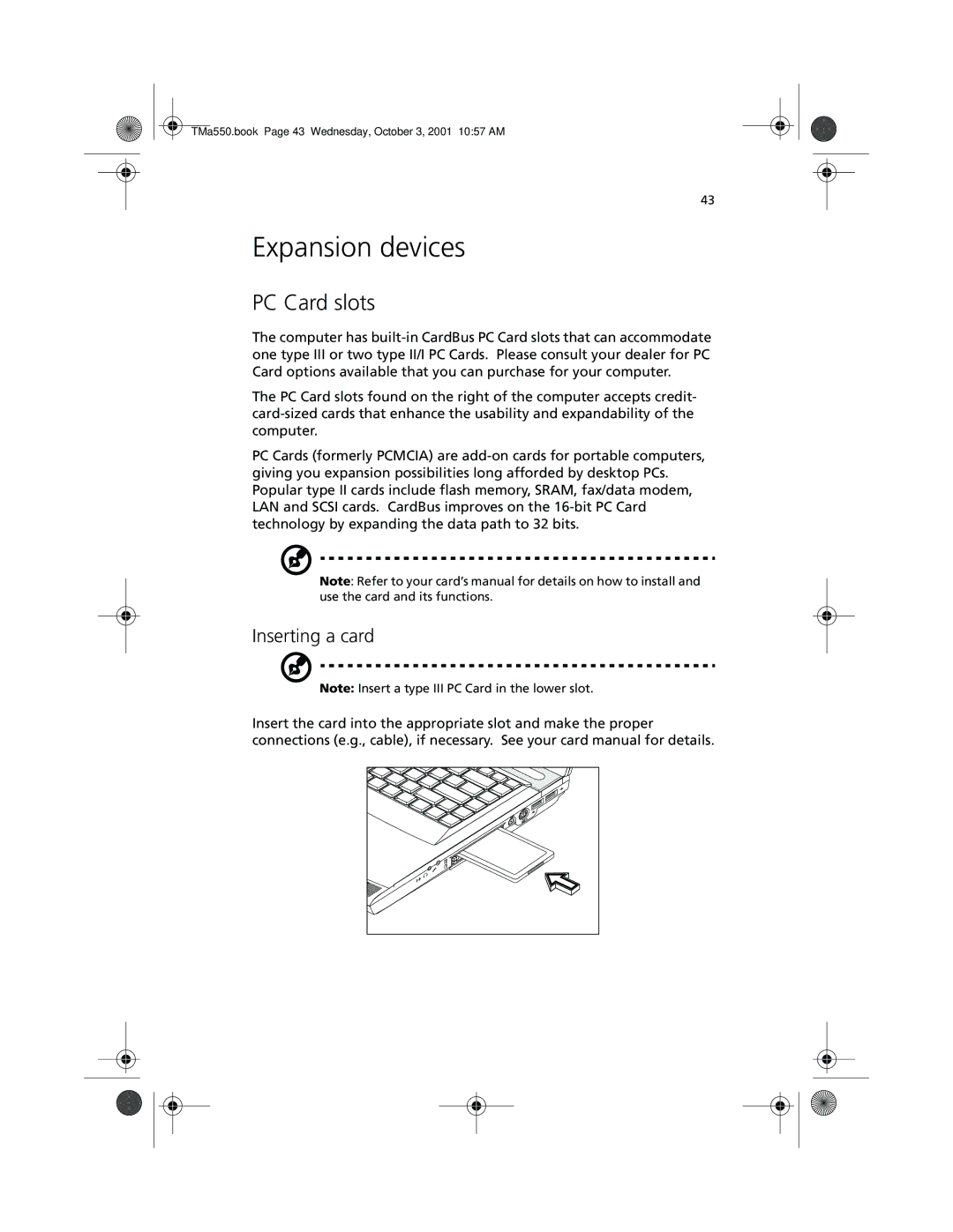 Acer a-550 Series manual Expansion devices, PC Card slots, Inserting a card 