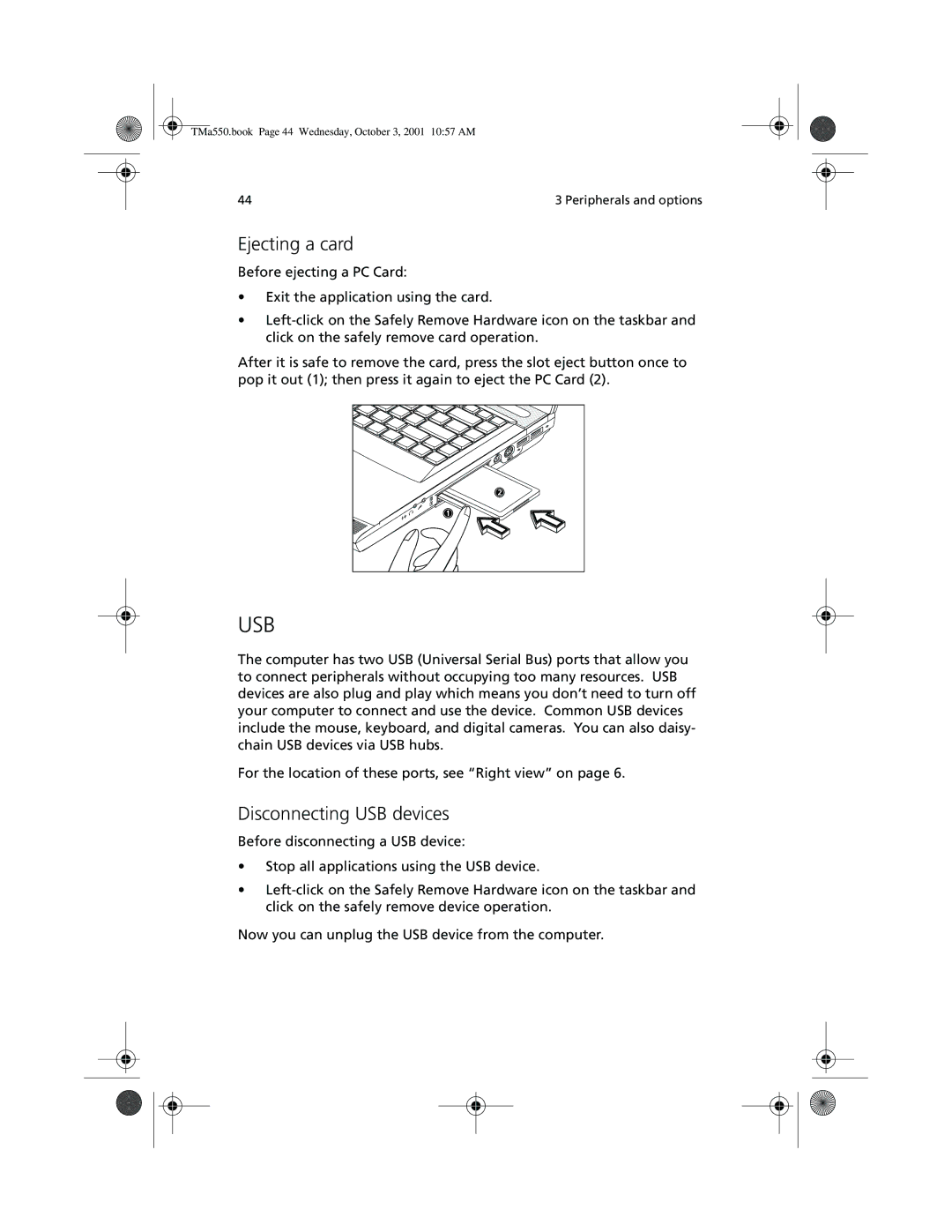 Acer a-550 Series manual Ejecting a card, Disconnecting USB devices 