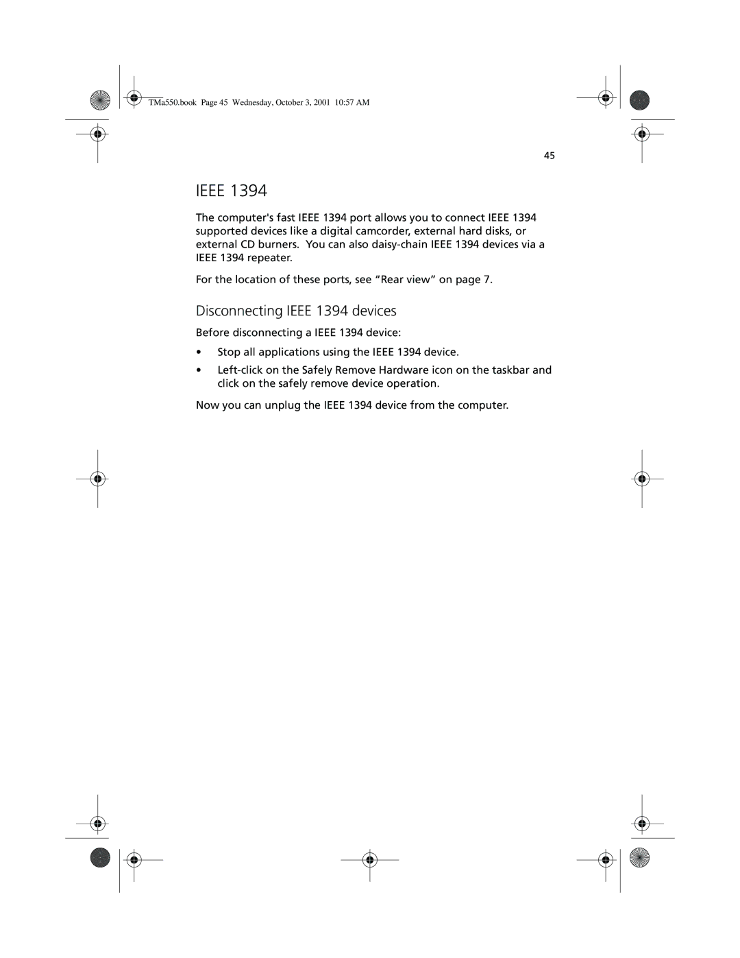 Acer a-550 Series manual Disconnecting Ieee 1394 devices 