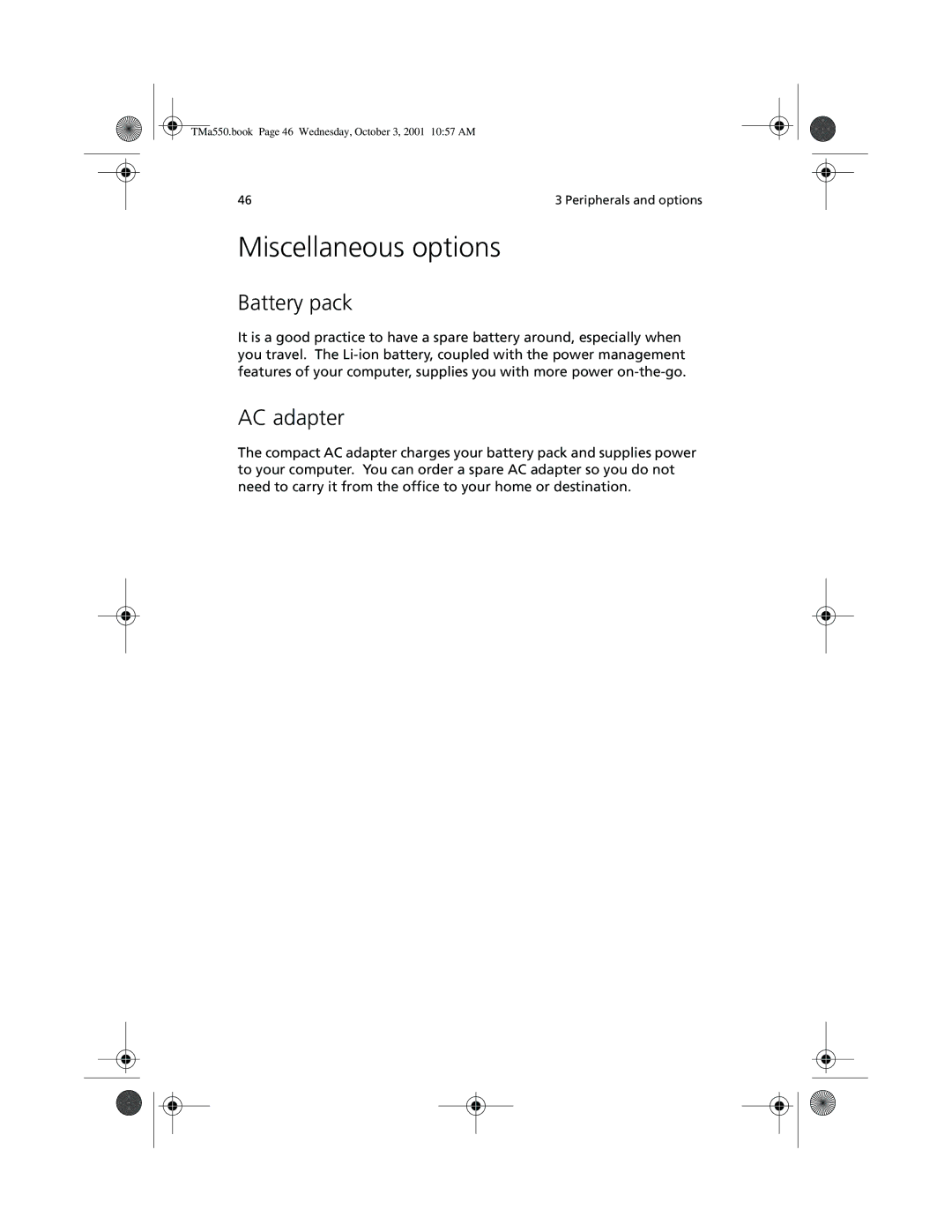 Acer a-550 Series manual Miscellaneous options, Battery pack, AC adapter 