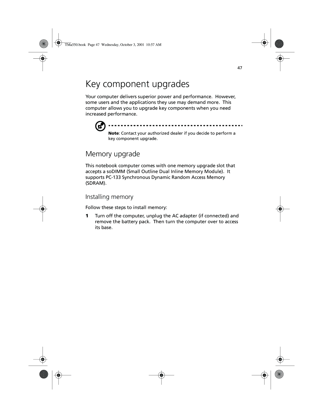 Acer a-550 Series manual Key component upgrades, Memory upgrade, Installing memory 