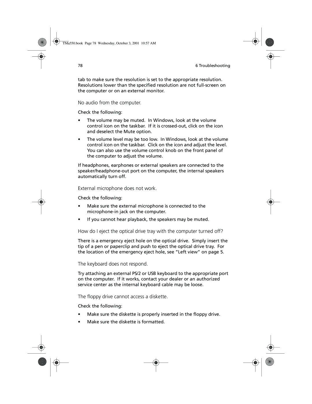 Acer a-550 Series manual No audio from the computer, External microphone does not work, Keyboard does not respond 