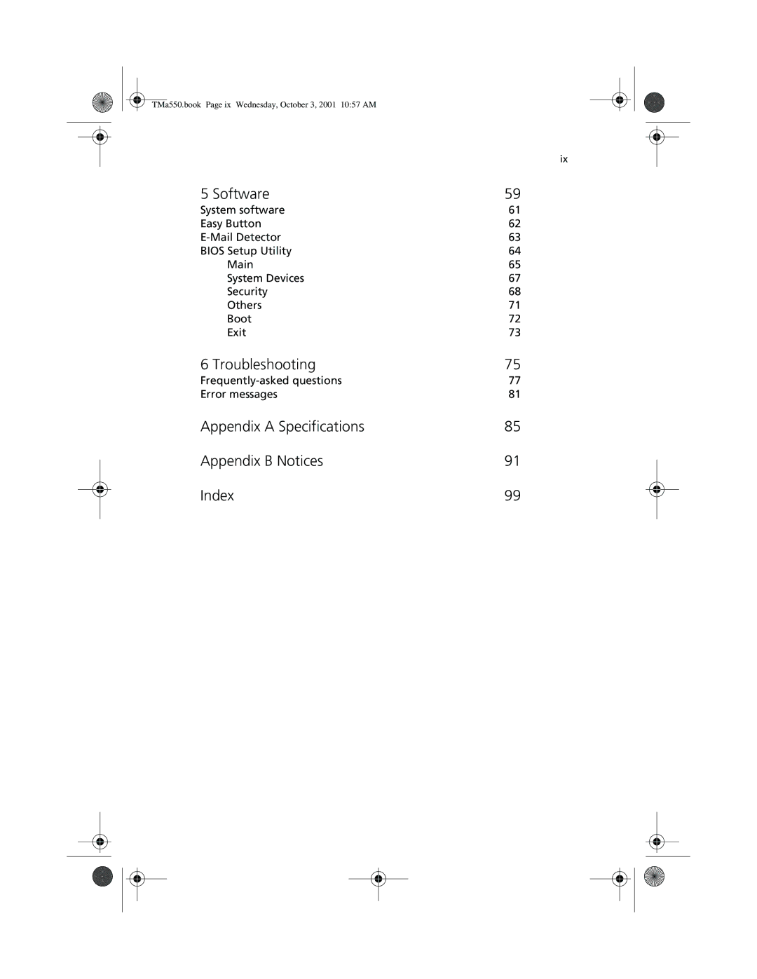 Acer a-550 Series manual Software, Troubleshooting, Appendix a Specifications Appendix B Notices Index 